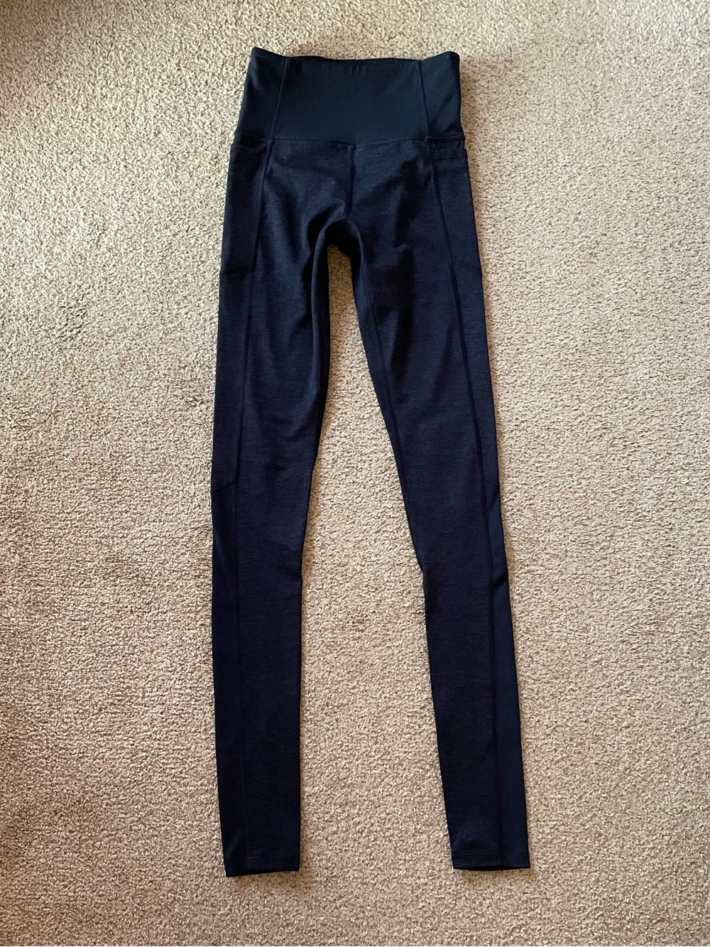 Athleta exhale stash pocket heel tight leggings navy blue space dye XS